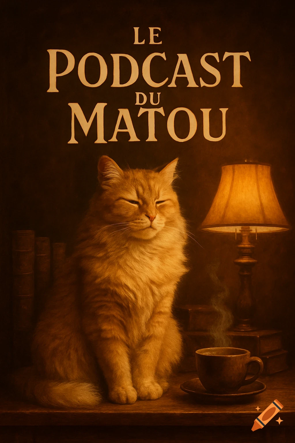 A fluffy ginger cat with closed eyes sits at a table with a steaming cup and lamp, with 'LE PODCAST DU MATOU' text.