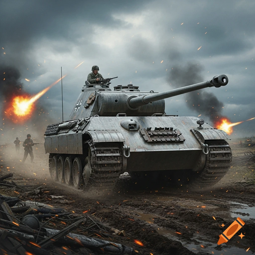 Photorealistic image of a Panzer Panther tank with a soldier in the turret, advancing through a muddy battlefield amid explosions.