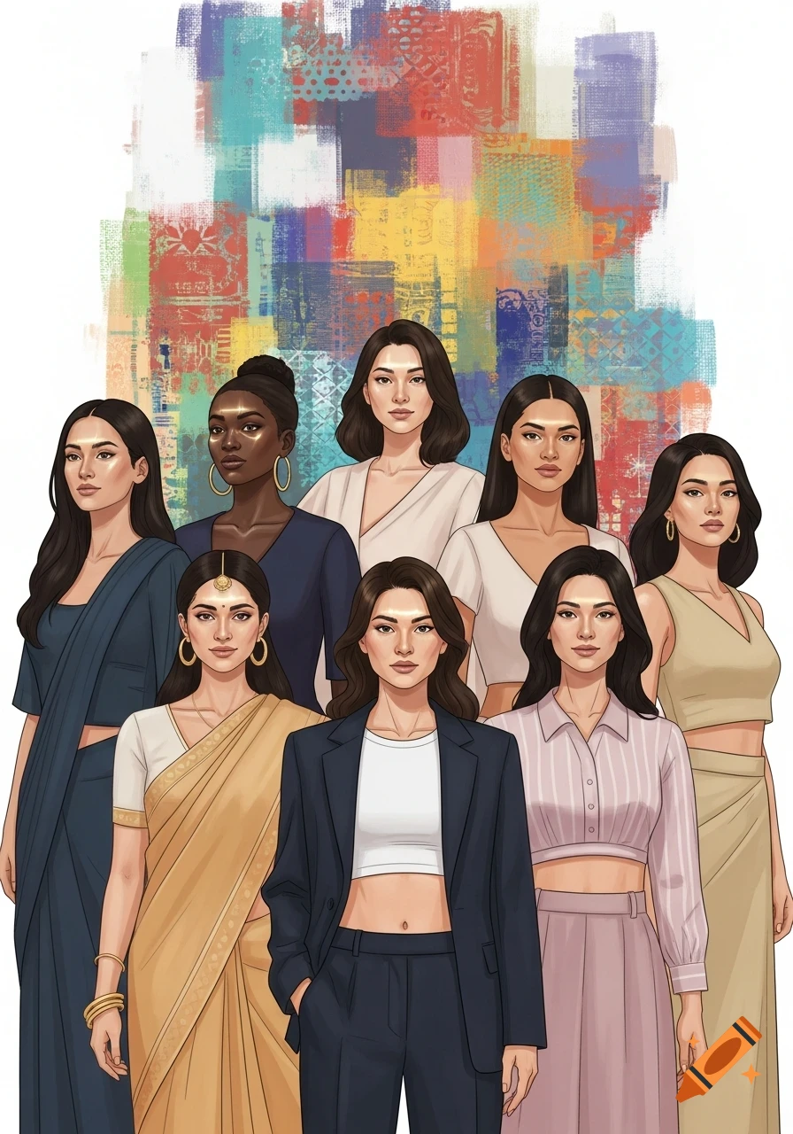 An illustration of eight diverse women in various traditional and modern outfits against a vibrant, abstract background.
