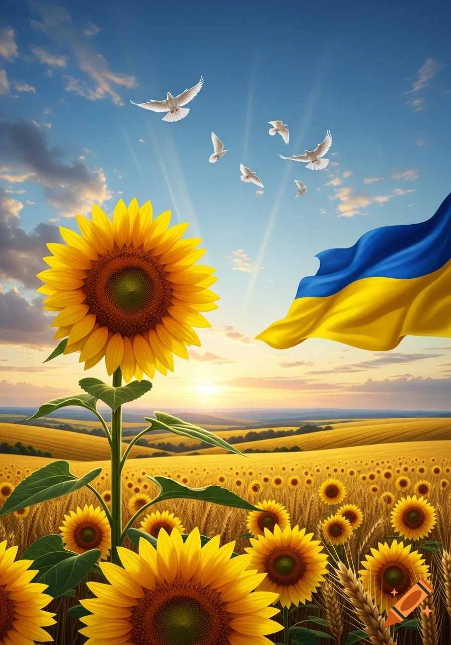 A giant sunflower in a golden field at sunset, with the Ukrainian flag waving and doves flying in the blue sky.