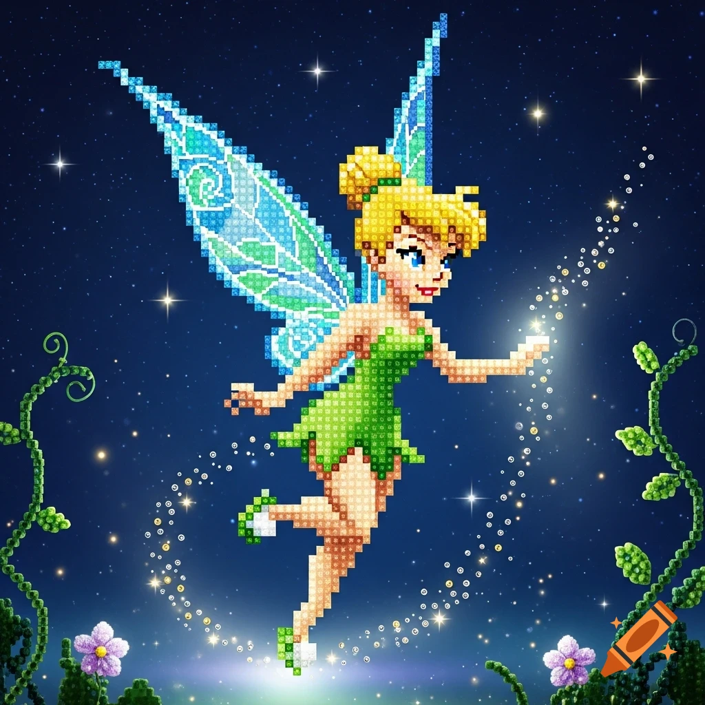 Pixel art Tinkerbell in a green dress and blue wings, flying at night, leaving a glitter trail. Vines with flowers on the sides.