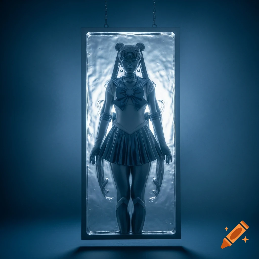 A monochromatic, blue-toned figure of Sailor Moon, frozen upright in a textured, rectangular ice or carbonite slab, suspended in a dark, atmospheric space.