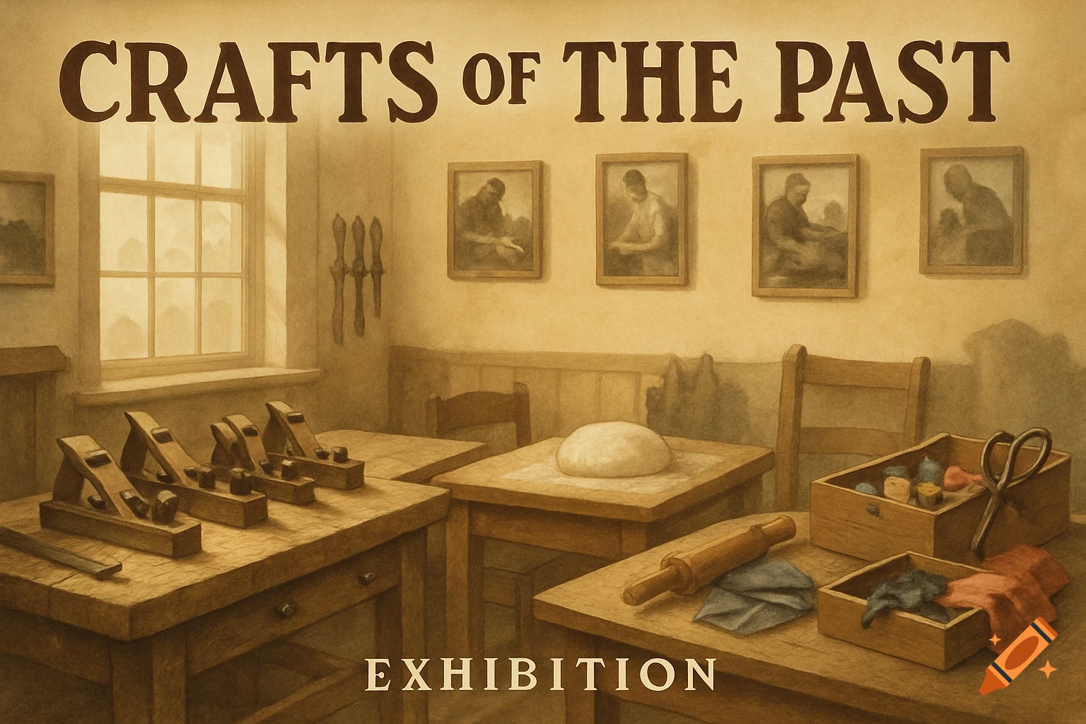 A warm, semi-realistic digital illustration of a 'Crafts of the Past' exhibition room, showing workbenches with tools, dough, and vintage portraits.