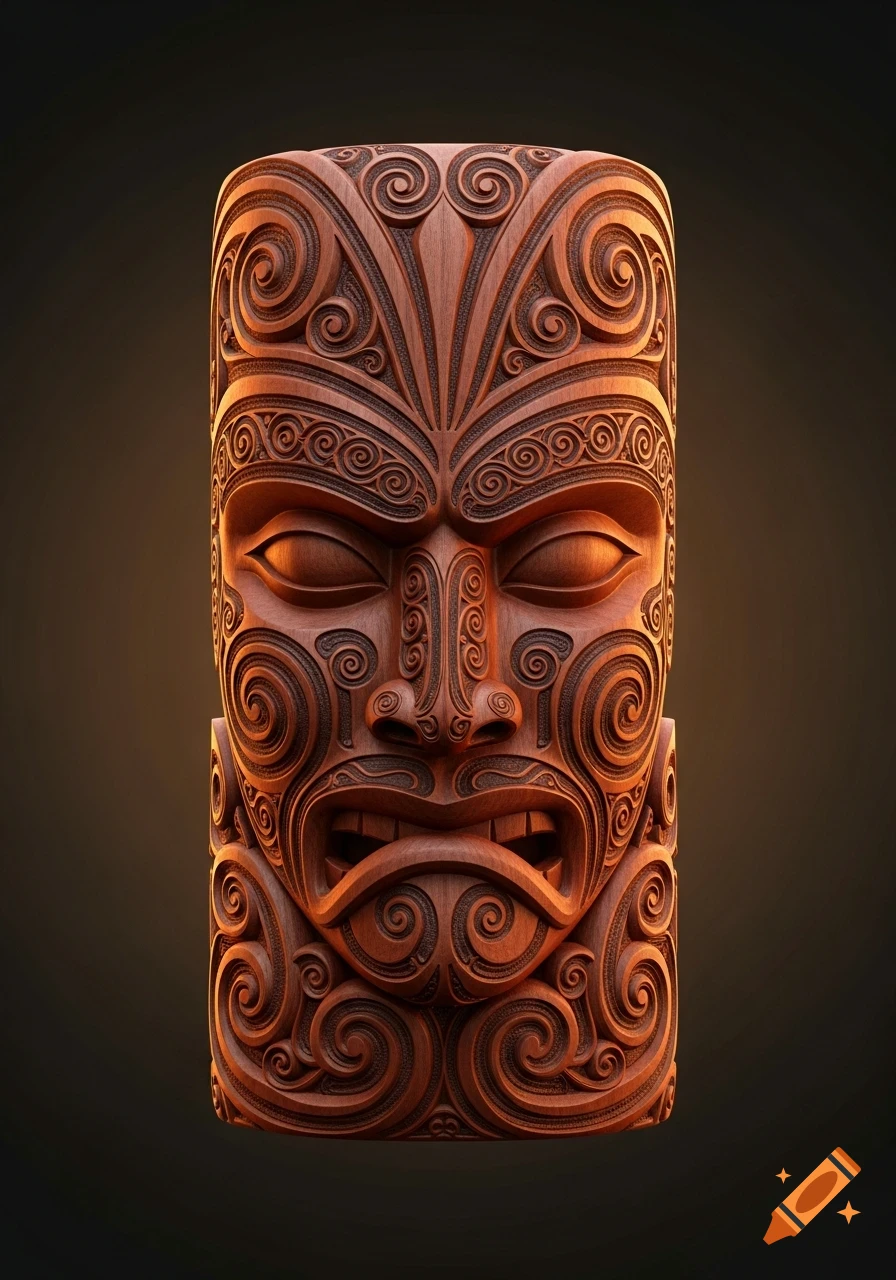 Detailed close-up of a traditional Maori wooden carving of a face with intricate patterns on a dark background.