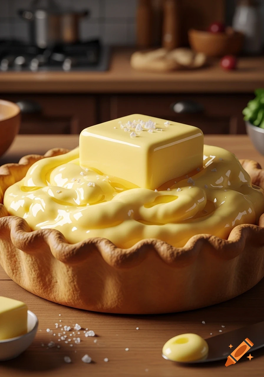 Photorealistic close-up of a pie crust overflowing with creamy yellow butter and a solid block of butter on top, sprinkled with salt.