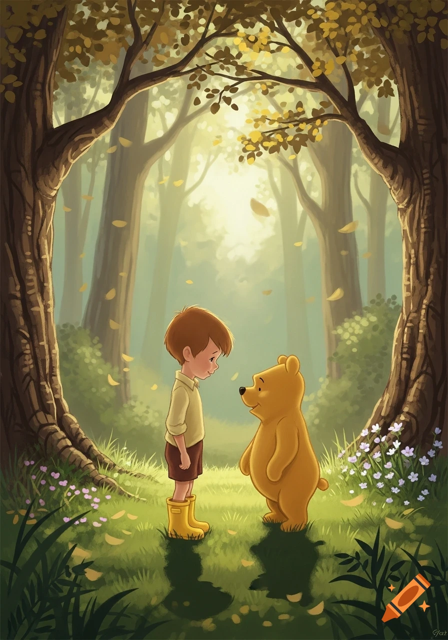 Christopher Robin and Winnie the Pooh stand in a sunlit forest with falling leaves in an illustration.