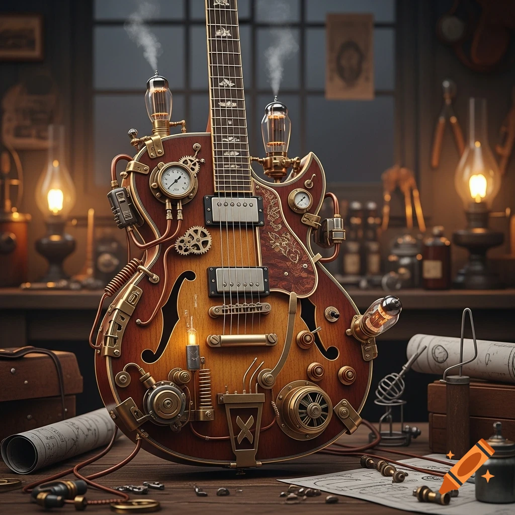 Highly detailed steampunk guitar made of mahogany and brass with gears, pipes, and glowing tubes in a cluttered inventor's workshop.