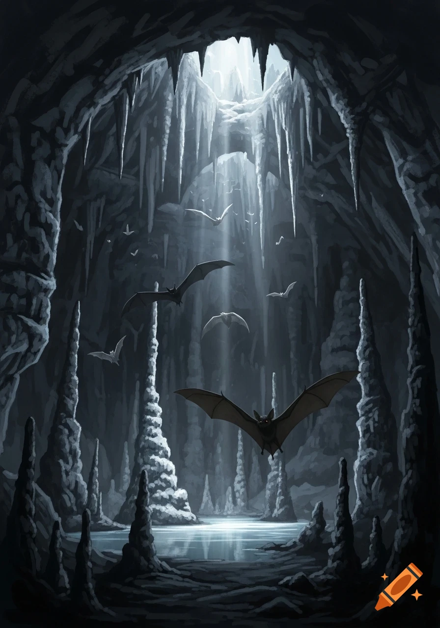 Digital painting of a dark, icy cave with stalactites, stalagmites, a shimmering lake, and bats flying through sunlit rays.
