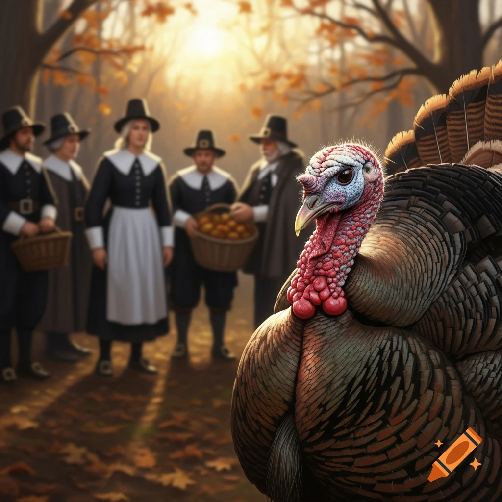 A photorealistic image of a turkey prominently in the foreground with a group of pilgrims in a sunlit autumn forest background.