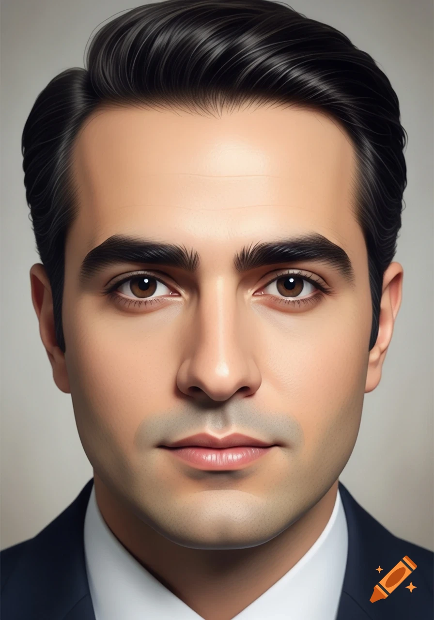 Close-up formal portrait of a man with dark hair and brown eyes wearing a suit and white shirt, looking directly at the viewer.