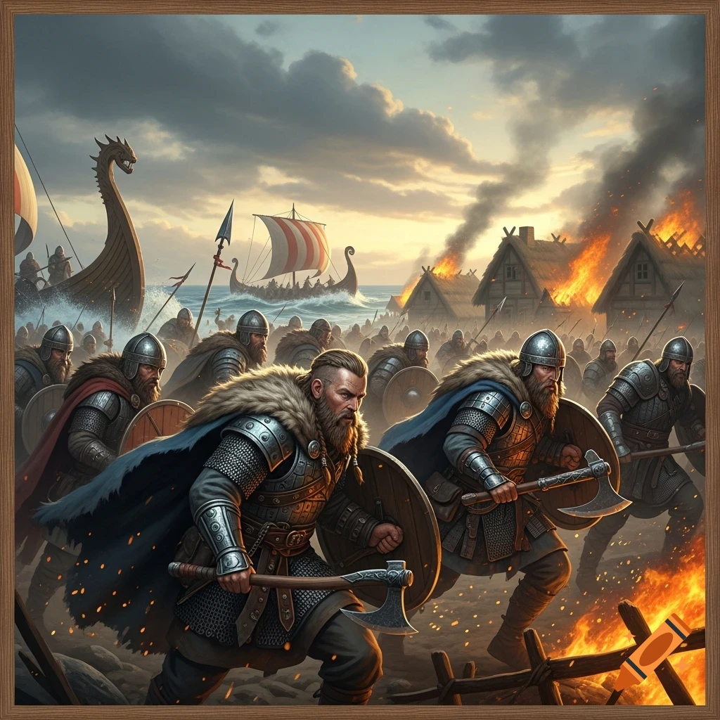 Viking warriors with axes and shields lead a raid from longships onto a burning village at sunset, in a detailed, illustrative style.