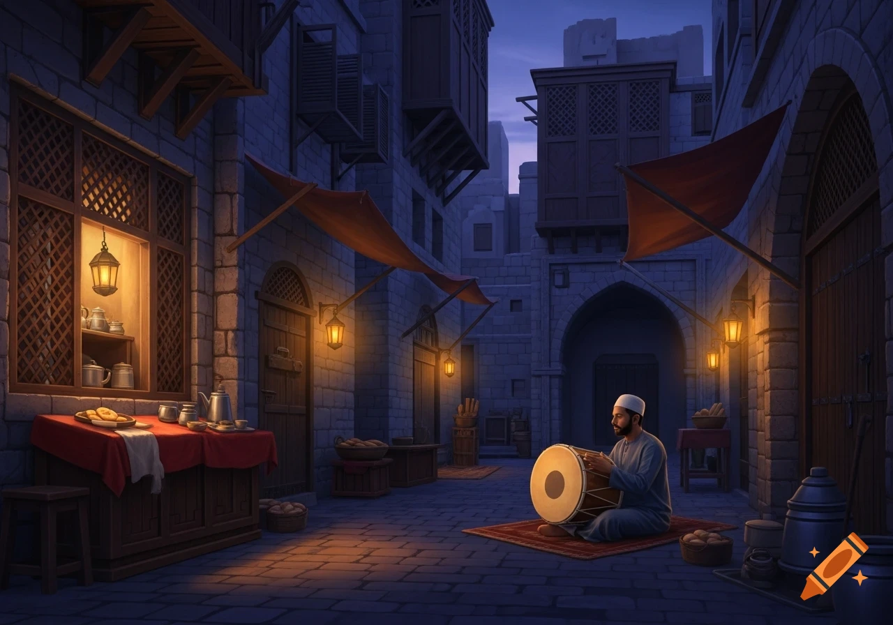 A man in traditional attire plays a large drum on a rug in a dimly lit, old-world street at night, with buildings and lanterns.