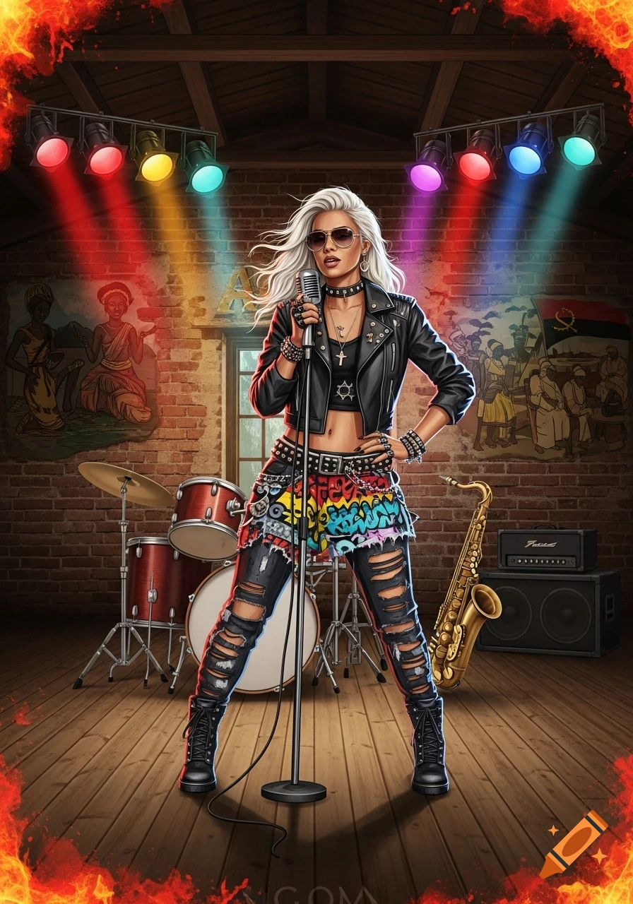 A white-haired punk singer in a leather jacket and ripped jeans sings into a microphone on a stage with drums, a saxophone, and colorful spotlights, framed by fire.