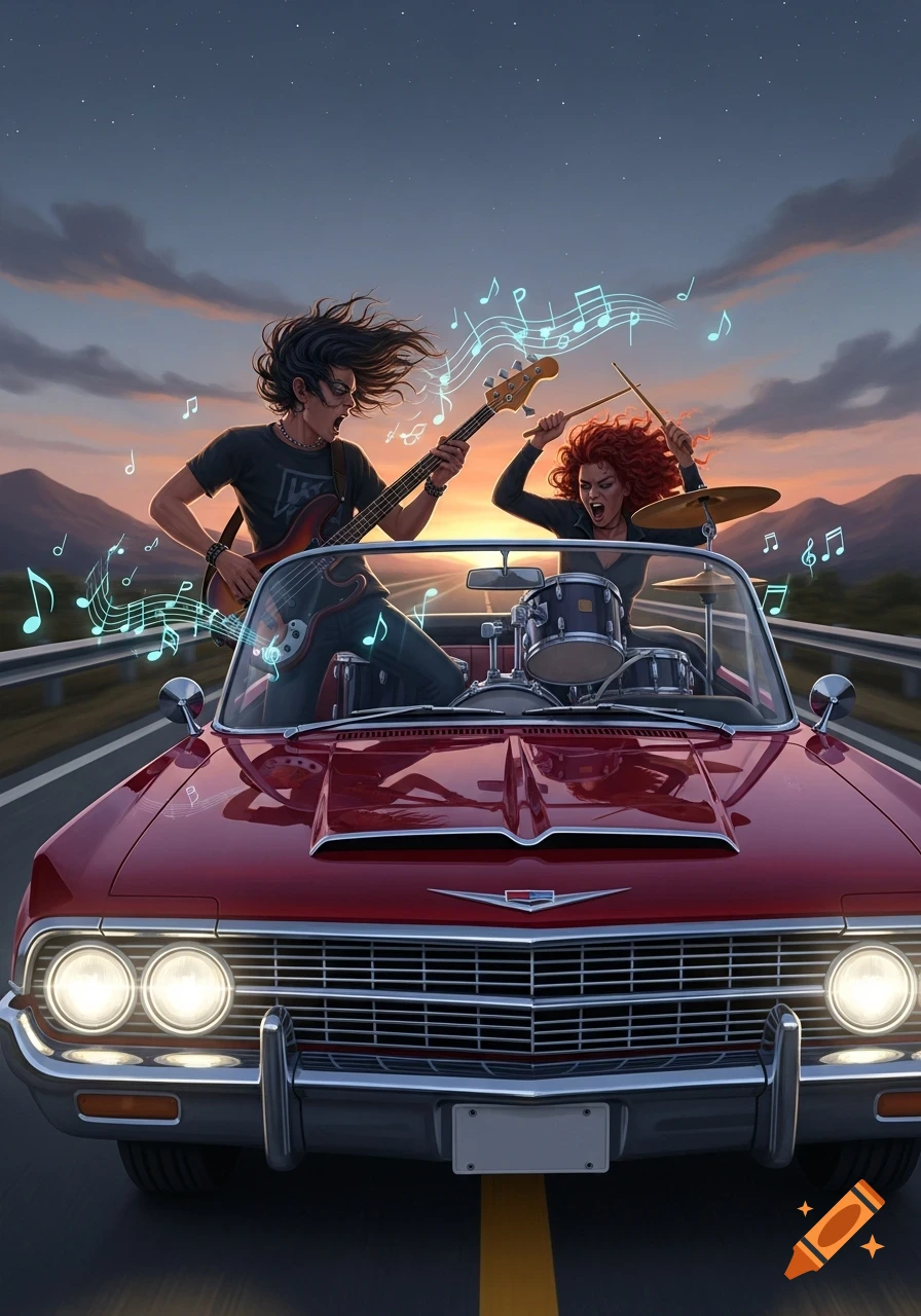 An illustrated man playing bass and a woman playing drums in a red convertible, driving on a road at sunset.
