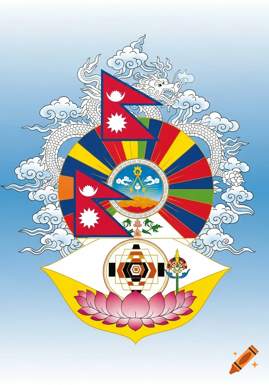 A vibrant emblem featuring two Nepal flags, a white dragon, a colorful sunburst, a pink lotus, and various Hindu and Buddhist symbols against a blue sky.