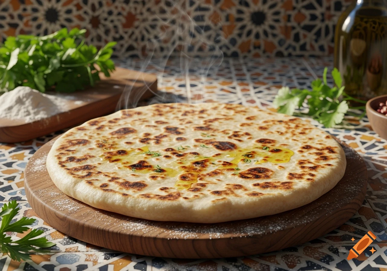 Steaming flatbread with melted butter and herbs on a wooden board, surrounded by ingredients on a patterned table.