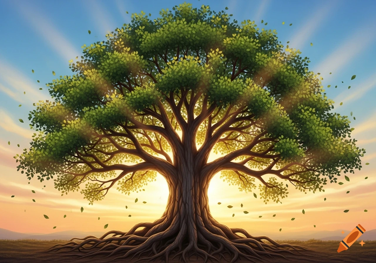Vibrant illustration of a majestic green Tree of Life with sprawling roots at sunset, illuminated by golden light rays.