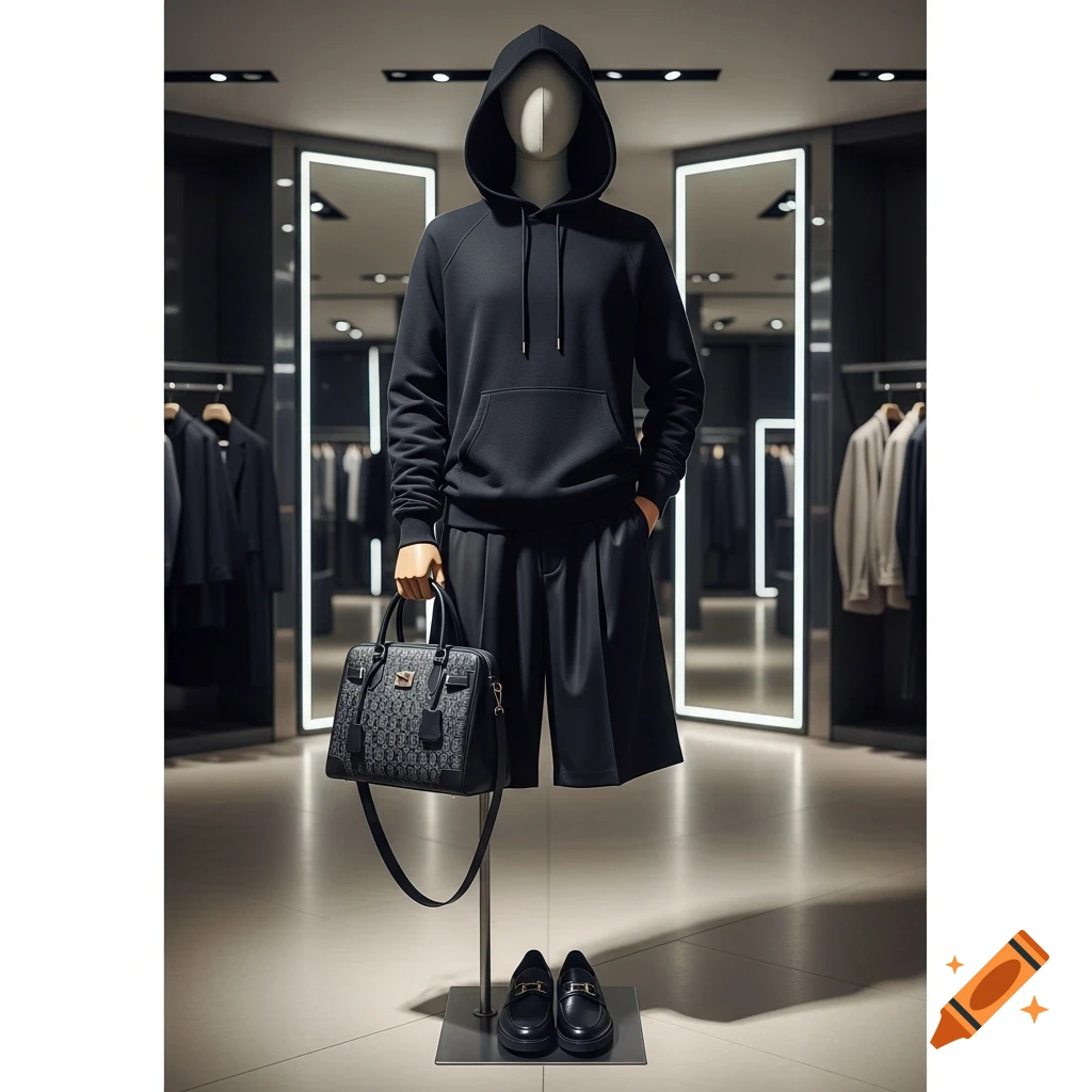 A mannequin wearing a black hoodie, black shorts, black shoes, and holding a patterned black handbag in a modern clothing store.