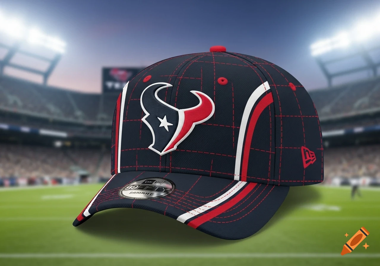 A navy blue Houston Texans baseball cap with red and white accents, featuring the team logo, New Era emblem, and a 59FIFTY sticker, set against a blurred stadium background.