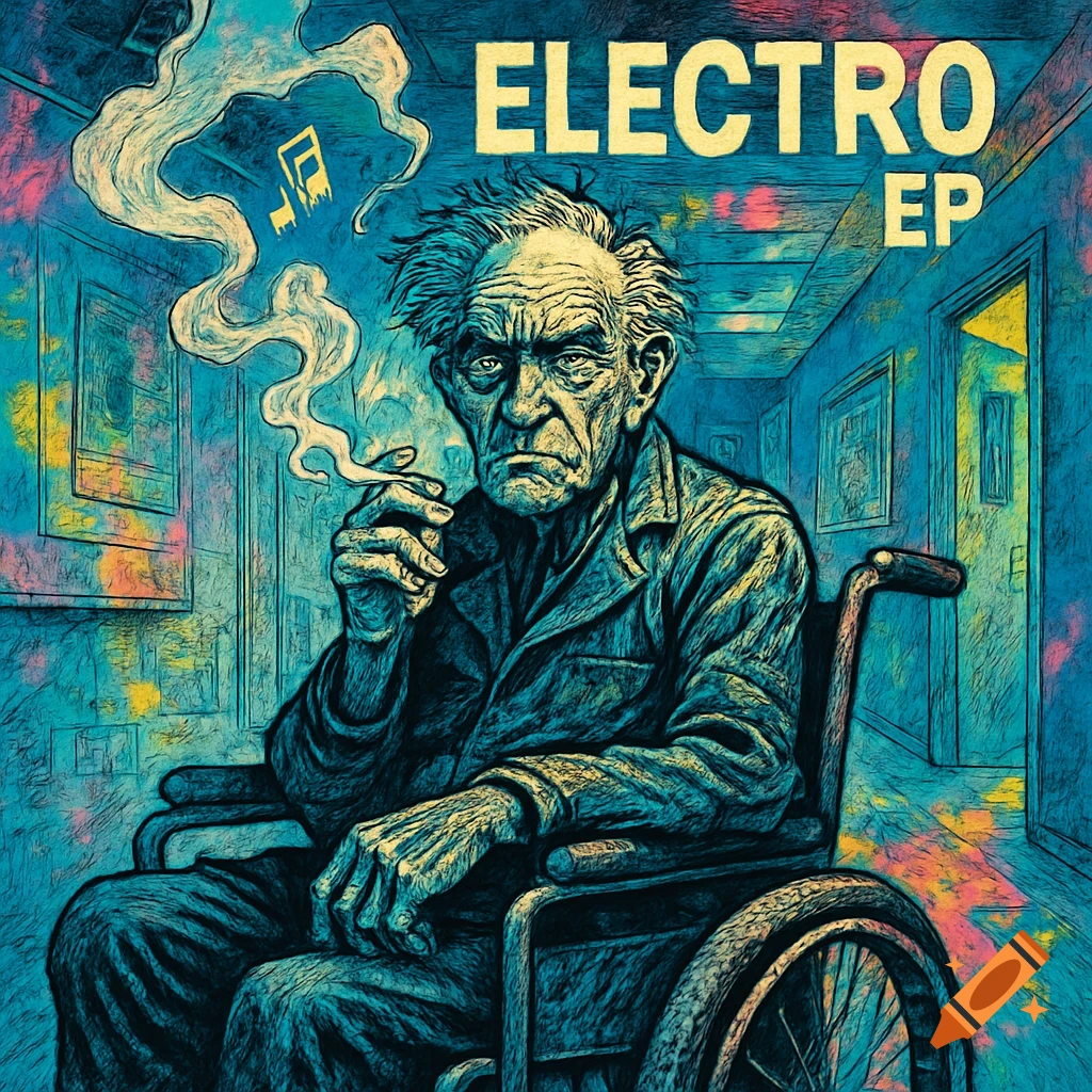 A stylized comic book art album cover for 'ELECTRO EP' featuring a grim, chain-smoking old man in a wheelchair in a clinic hallway.