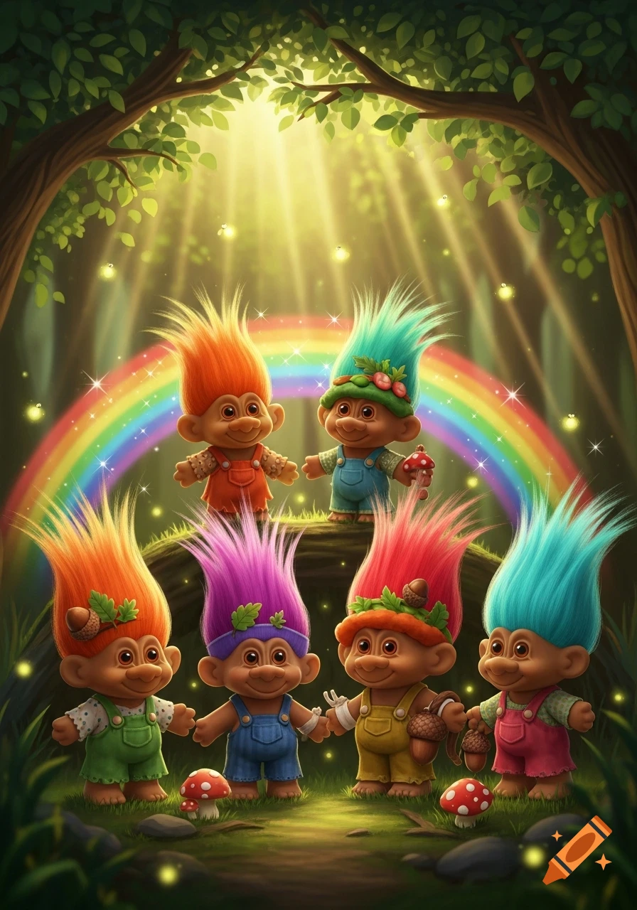 Six colorful troll dolls with spiked hair stand in a magical forest under a rainbow with glowing fireflies.