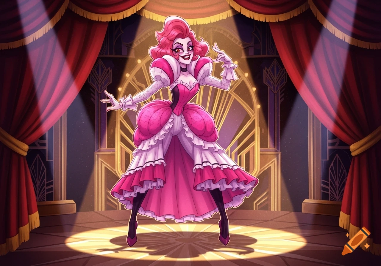Stylized cartoon character Velvet from Hazbin Hotel in a dramatic pose on a stage, wearing a pink and white ruffled dress.