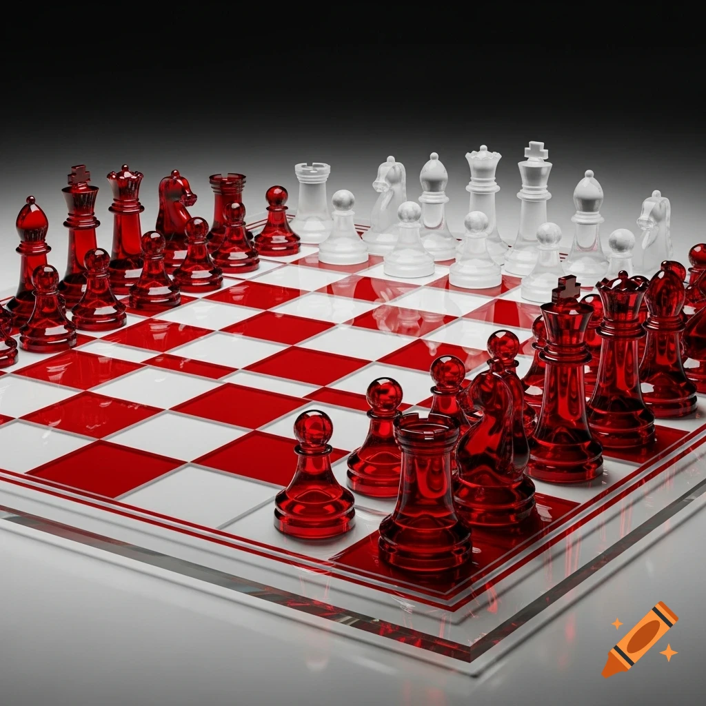 A photorealistic glass chessboard with red and clear glass chess pieces set against a dark background.