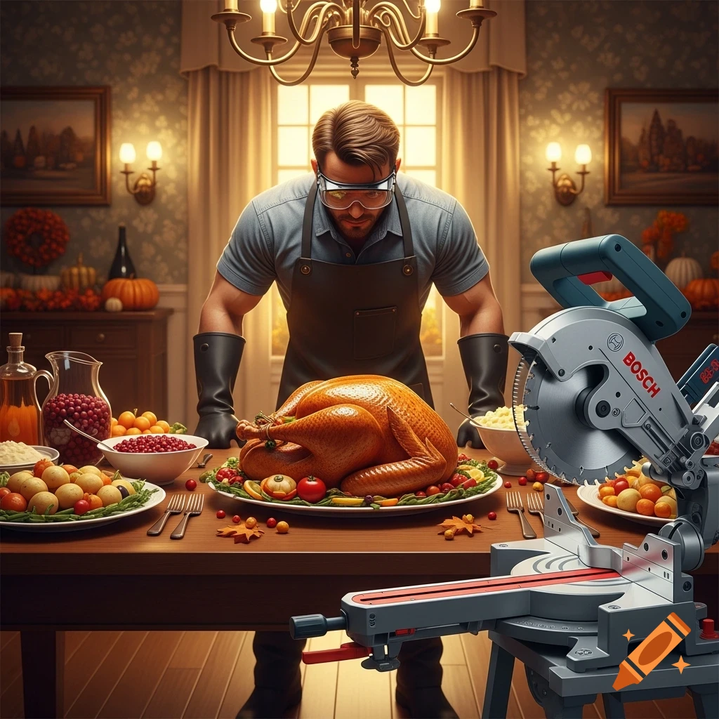 Man in goggles and apron preparing a Thanksgiving turkey with a miter saw on a festive table.