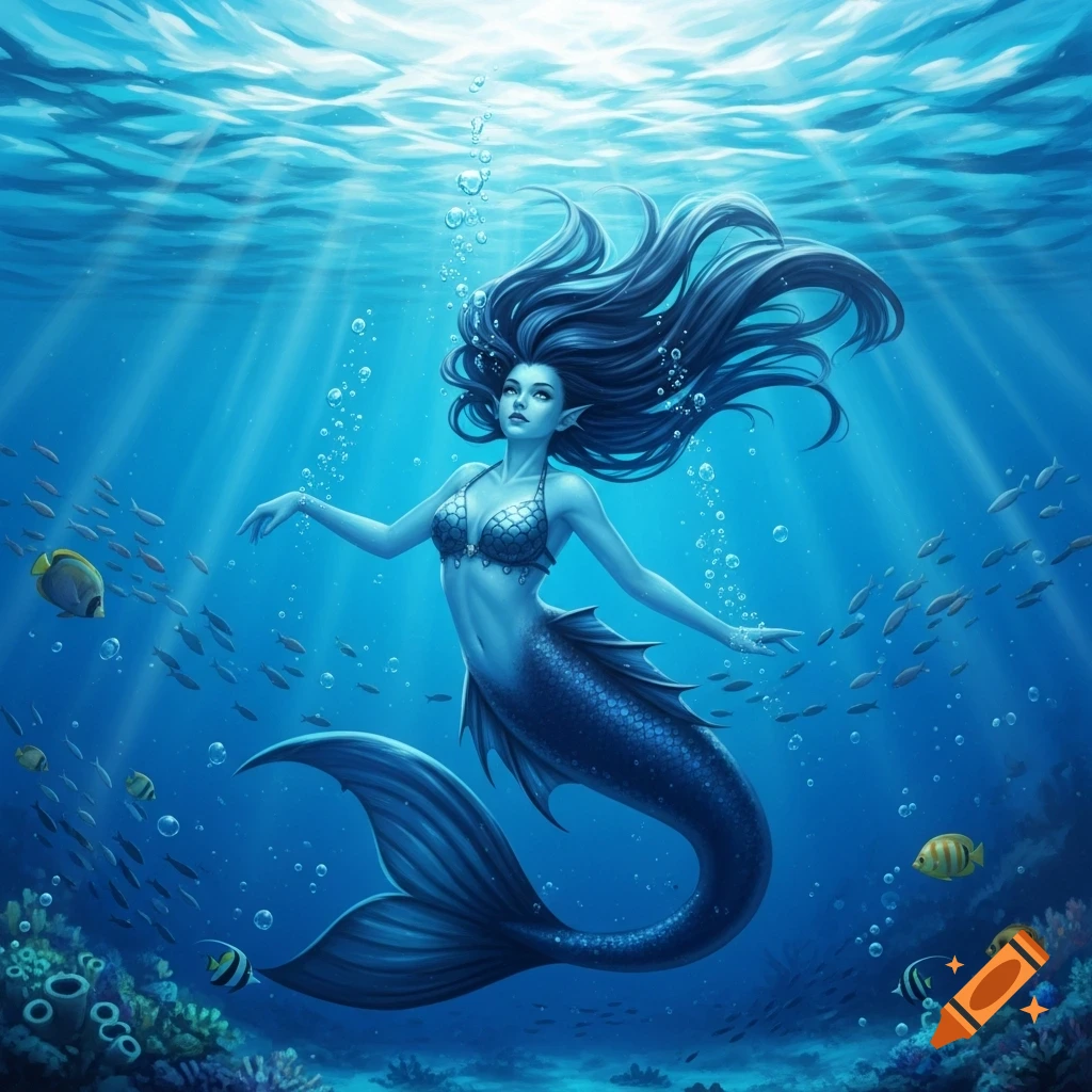 An enchanting blue-skinned mermaid with long navy hair and a dark blue tail swims gracefully in a sunlit underwater reef, surrounded by schools of fish.