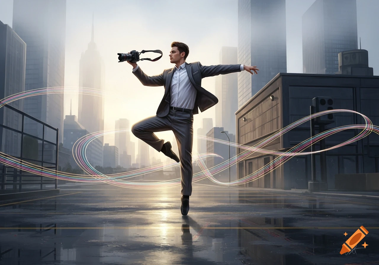 A man in a suit balances on one foot in a ballet pose, holding a camera, on a wet city street with abstract light trails.
