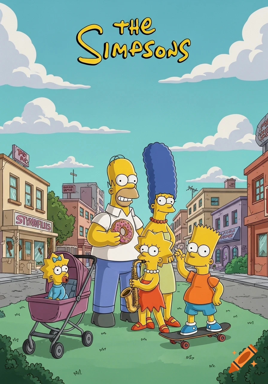 The Simpsons family, Homer, Marge, Lisa, Bart, and Maggie, stand together on a street in their iconic cartoon style.