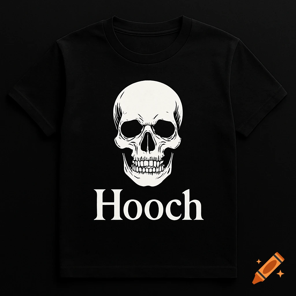 A black t-shirt featuring a white stylized skull graphic and the word "Hooch" in white text below it.