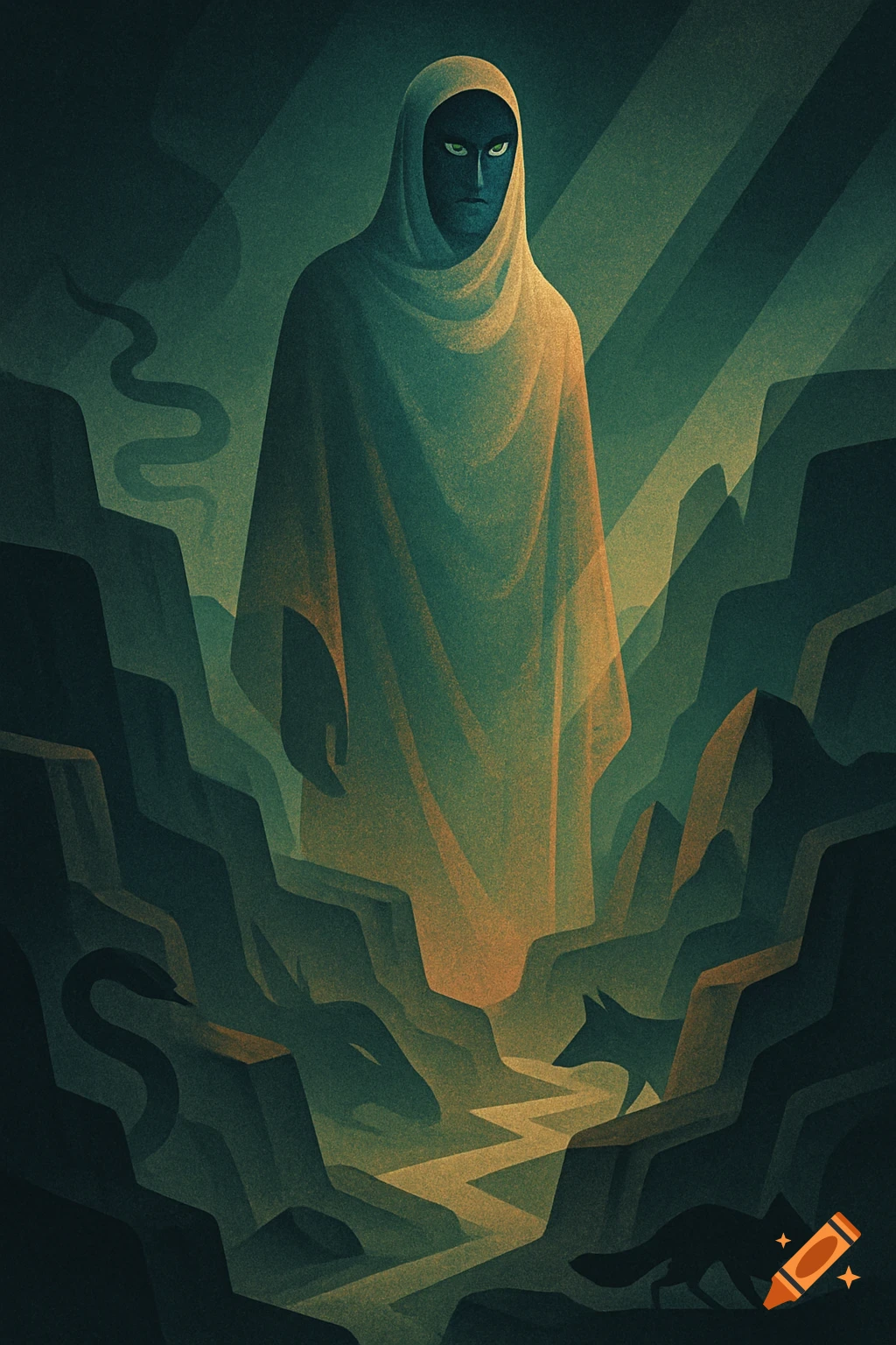 Stylized graphic illustration of a mysterious hooded figure with glowing eyes in a dark, rocky canyon with a winding river and shadowy animals.