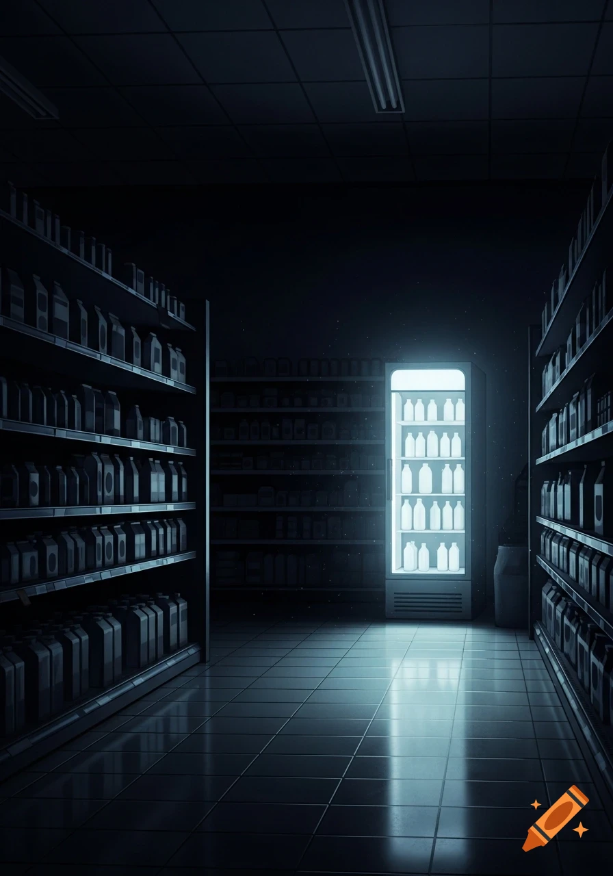 A dark grocery store aisle with shelves of goods, illuminated only by a brightly glowing milk fridge filled with white bottles.