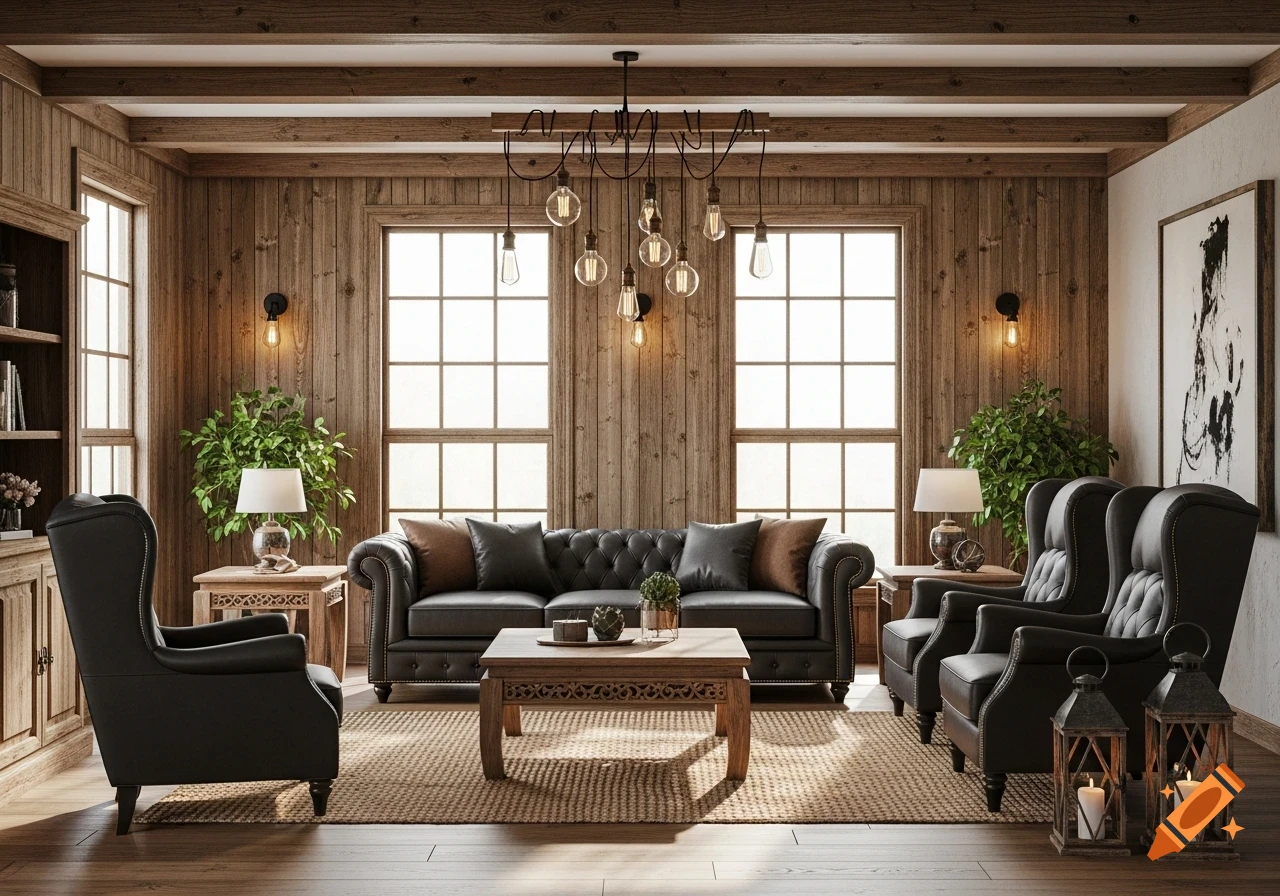 A photorealistic rustic living room with dark leather sofas and armchairs, wood paneling, and large windows.