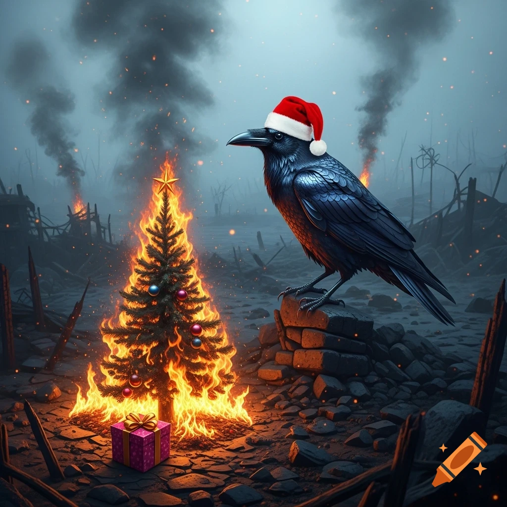 A black crow in a Santa hat stands on rubble next to a flaming Christmas tree and a pink gift in a smoky, apocalyptic world.