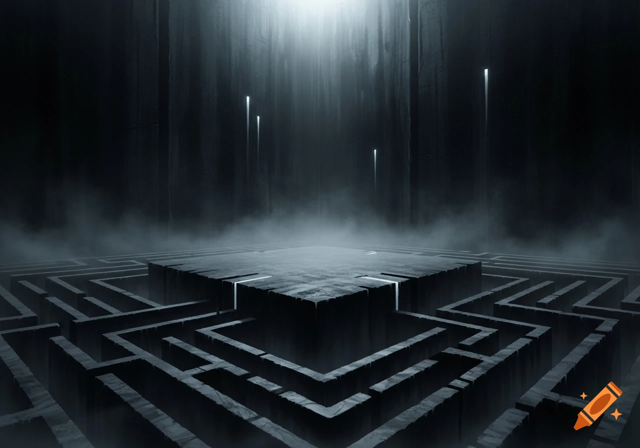 Dark, moody digital illustration of a stone maze with a central raised platform, shrouded in dense fog and illuminated by a bright light from above.