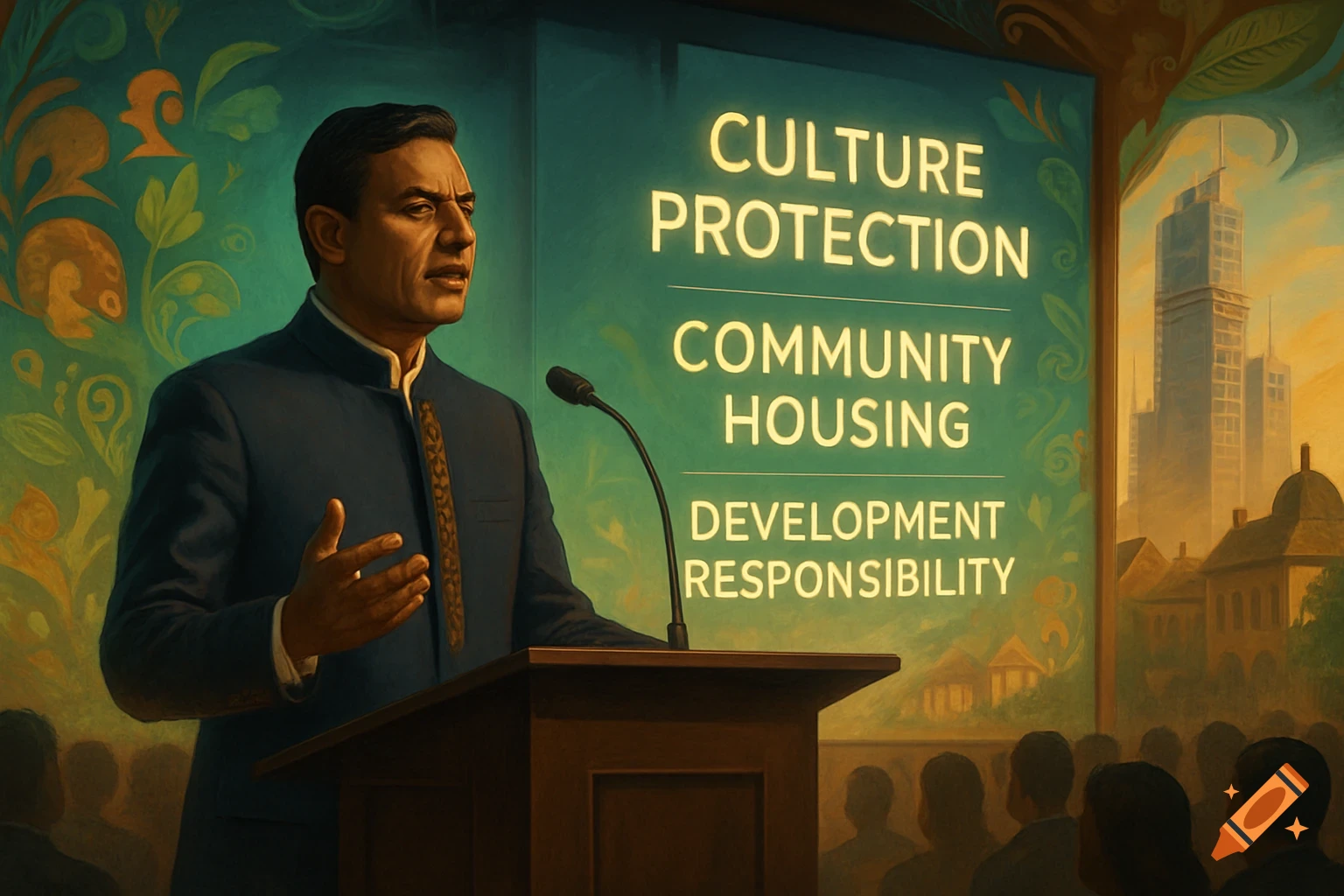 A man in a blue suit speaks at a podium with a microphone. Behind him, a screen displays 'CULTURE PROTECTION', 'COMMUNITY HOUSING', 'DEVELOPMENT RESPONSIBILITY' and an urban skyline, rendered in an illustrative style.