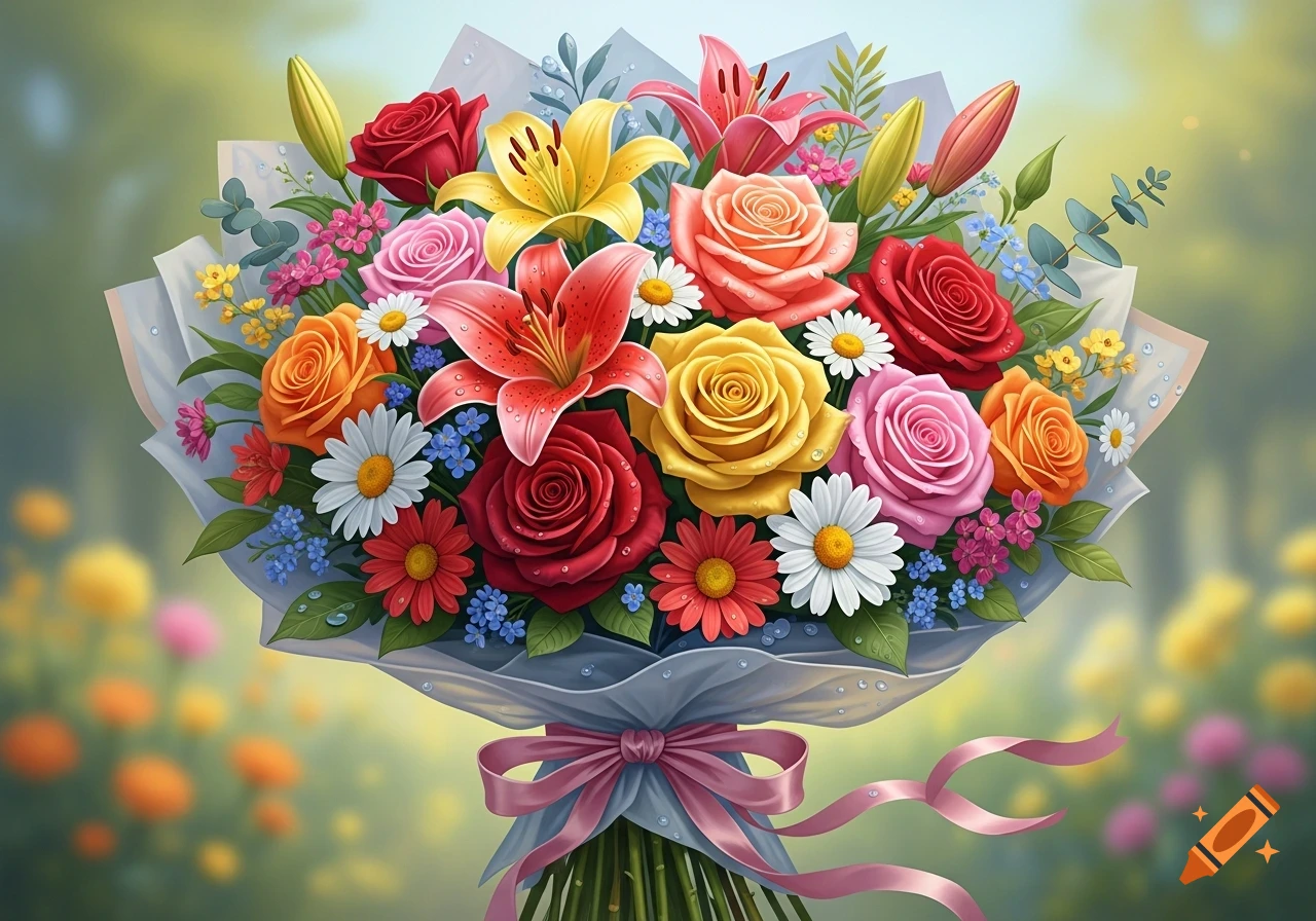 A vibrant bouquet of red, pink, yellow, and orange roses, red and yellow lilies, and white and red daisies wrapped in paper with a pink ribbon.