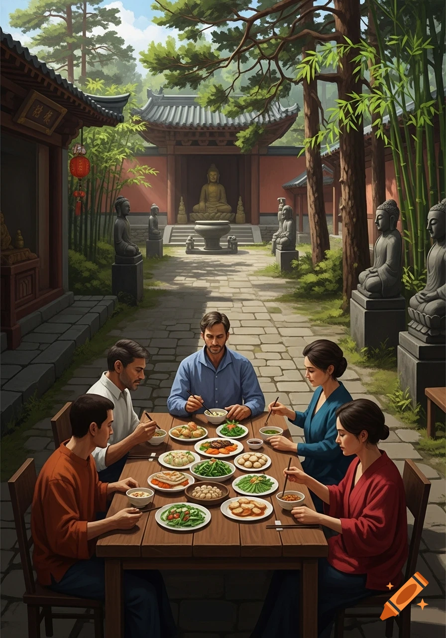 Illustration of people dining at a wooden table in an outdoor temple courtyard with Buddha statues and traditional architecture.
