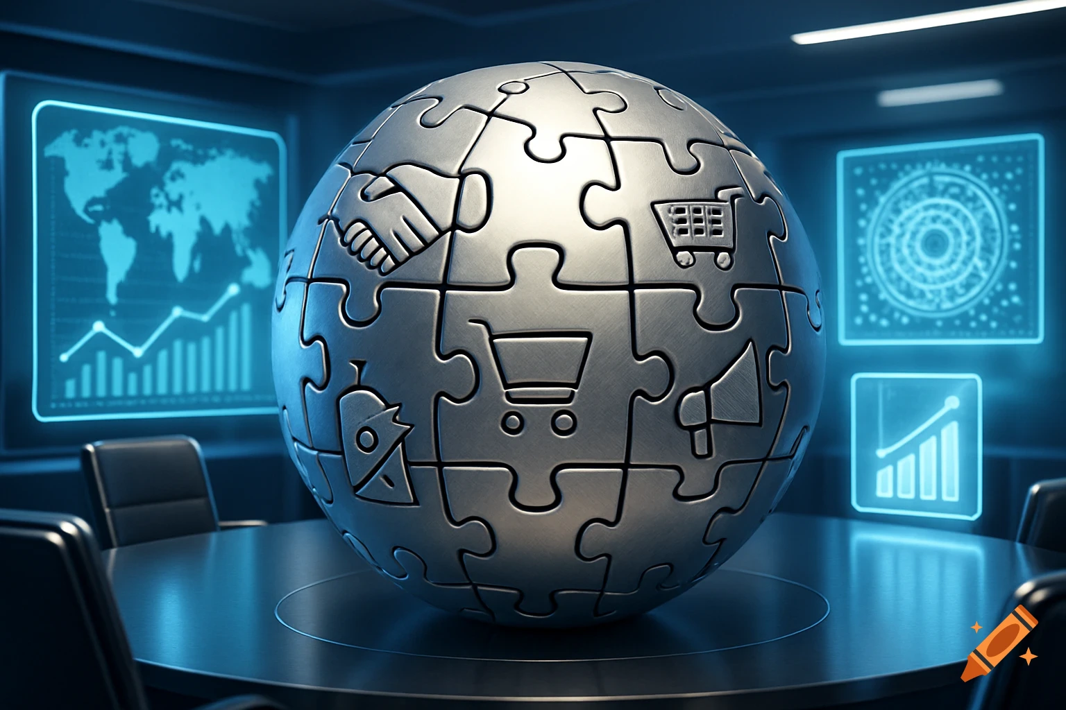 Metallic puzzle globe with business icons (handshake, shopping cart, megaphone) on a table in a modern meeting room with blue data screens.