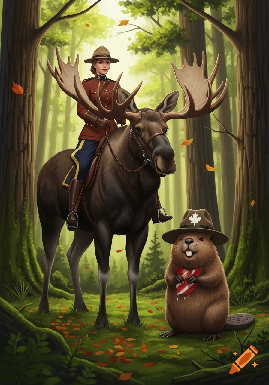 Illustration of a woman in an RCMP uniform riding a moose, with a beaver in a maple leaf hat holding a Canadian flag heart in a forest.