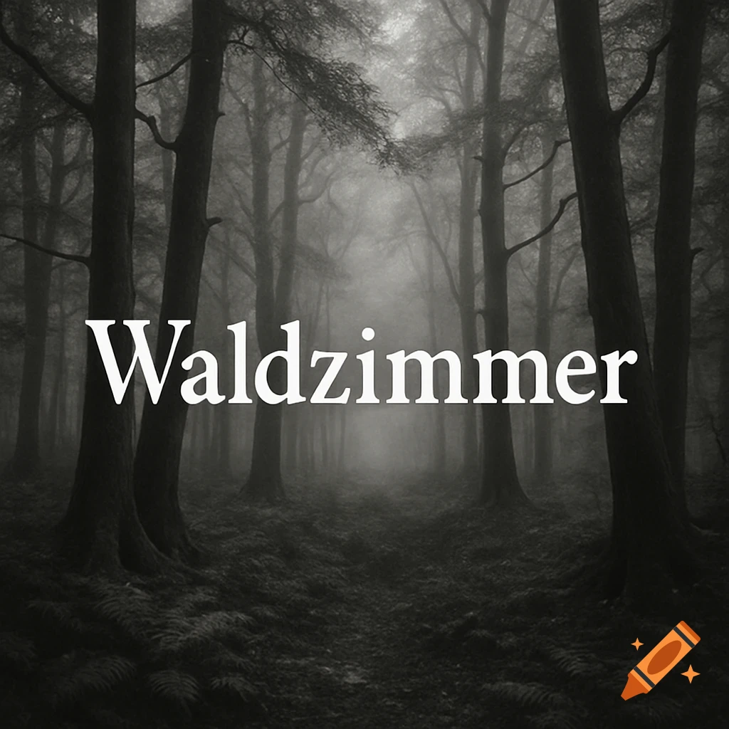 A black and white image of a dark, foggy forest with the word "Waldzimmer" in white text.