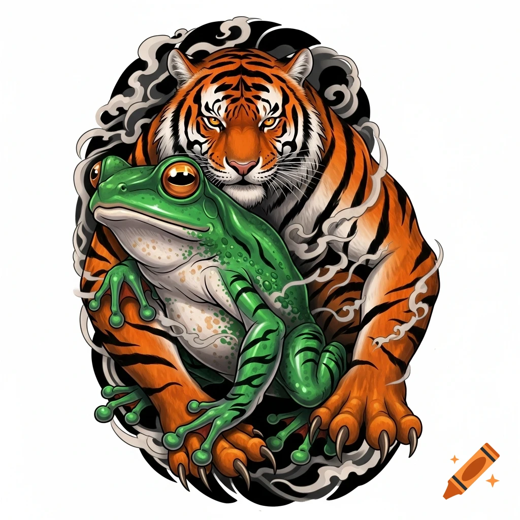 A stylized tattoo art illustration of an orange tiger holding a vibrant green frog, against a smoky black background.