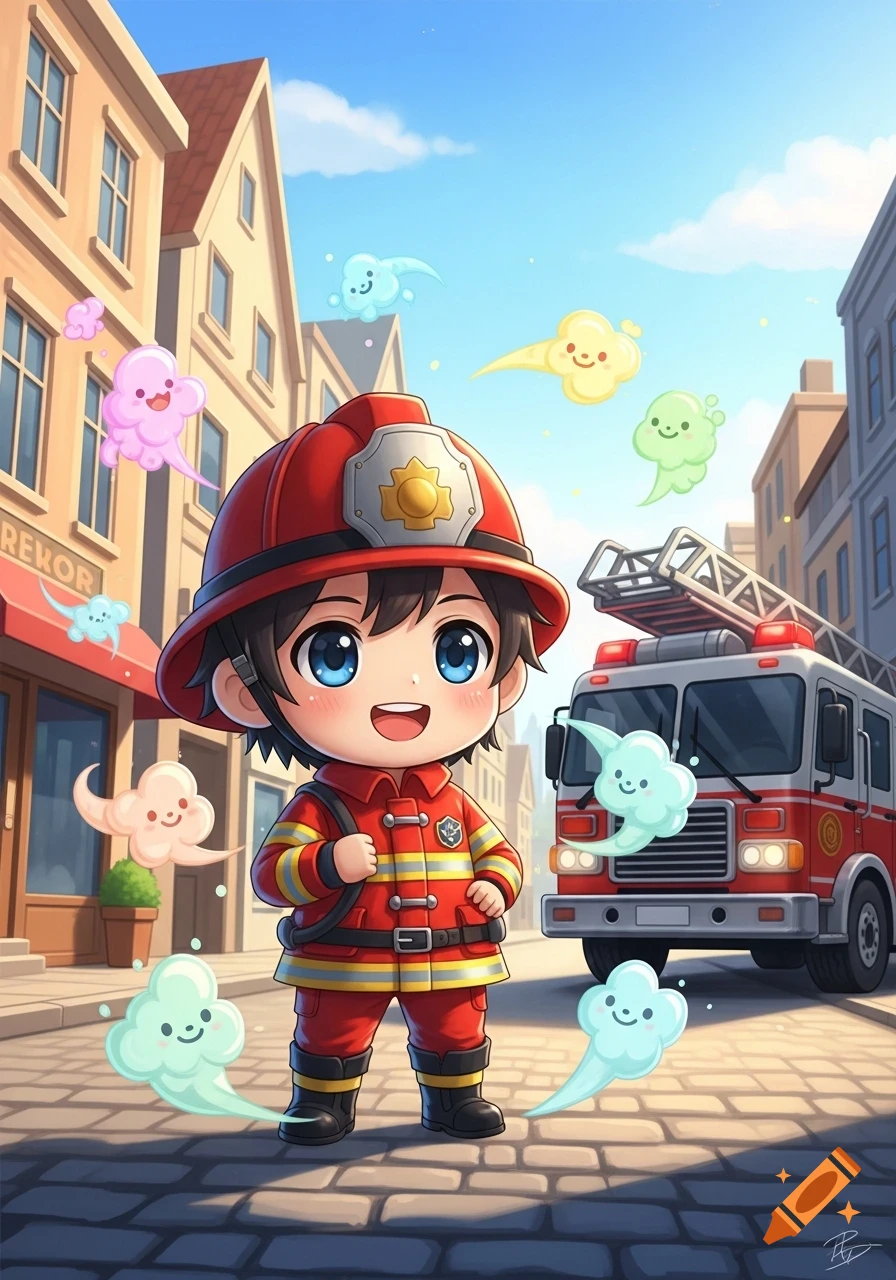 A cute chibi anime-style boy dressed as a firefighter stands in a city street with a fire truck and smiling cloud creatures.