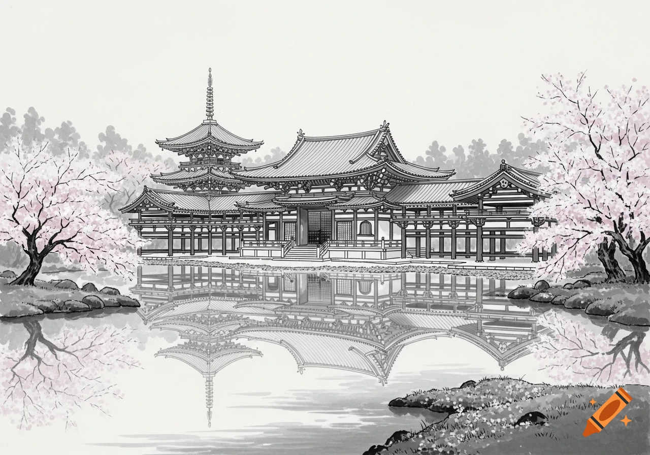 Ink painting of a traditional Japanese temple and pagoda with cherry blossoms reflected in water.