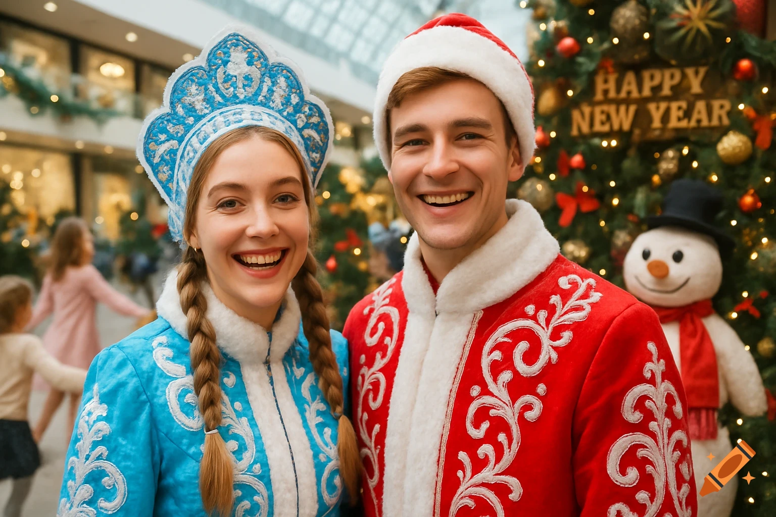 Two smiling people in red and blue traditional Russian winter costumes stand in a festive mall next to a 'Happy New Year' tree.