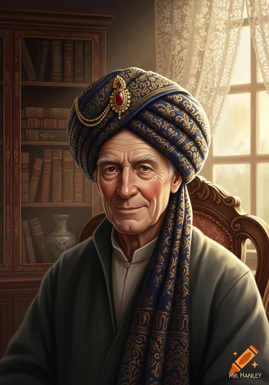 An elderly man with a kind smile, wearing a blue and gold patterned turban and dark robe, sits in a study.