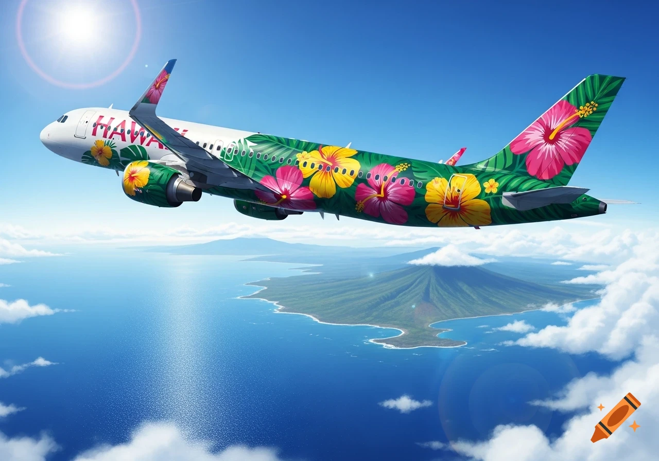 A vibrant airplane with a tropical hibiscus floral design on its fuselage flies over a green island and blue ocean with clouds and a bright sun.