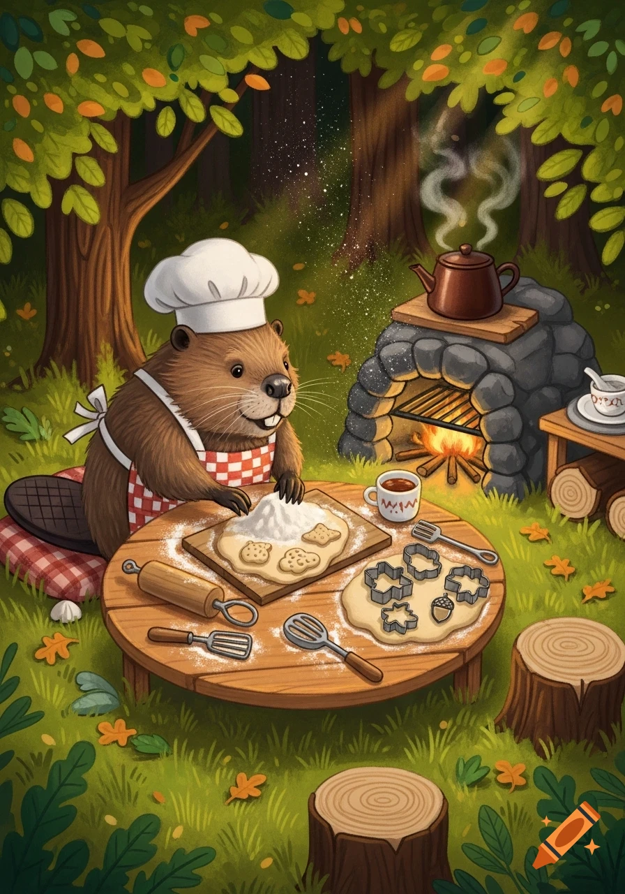 A cartoon beaver chef bakes cookies on a wooden table in a vibrant forest, with a stone oven and teapot nearby.